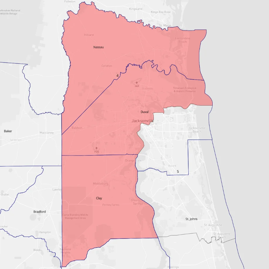 Map of Florida's 4th Congressional District, covering Nassau, northern and western Duval, and Clay Counties